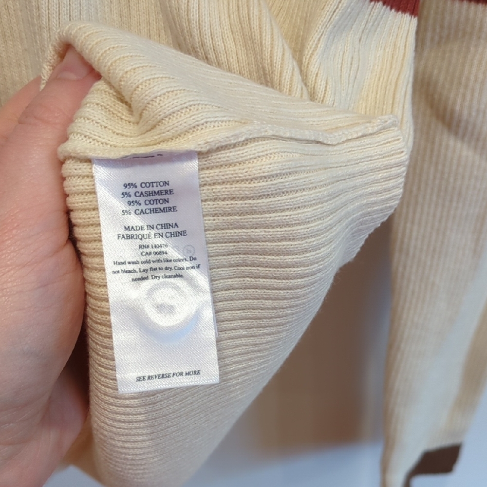 Faherty Cotton Cashmere Henley Polo Sweater Cream Brown Stripes Large NWT Preppy - Picture 7 of 9